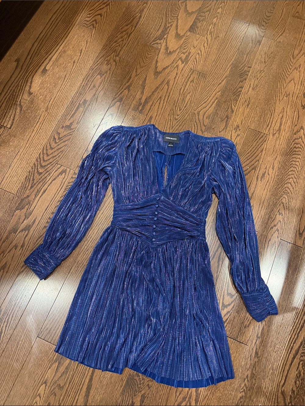 Sabina Musayev Metallic Navy Pleated V-Neck Long Sleeve Dress